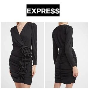 🆕Express Black Long Sleeve Elegant  Wrap Flower Rouched Design Dress S🆕
